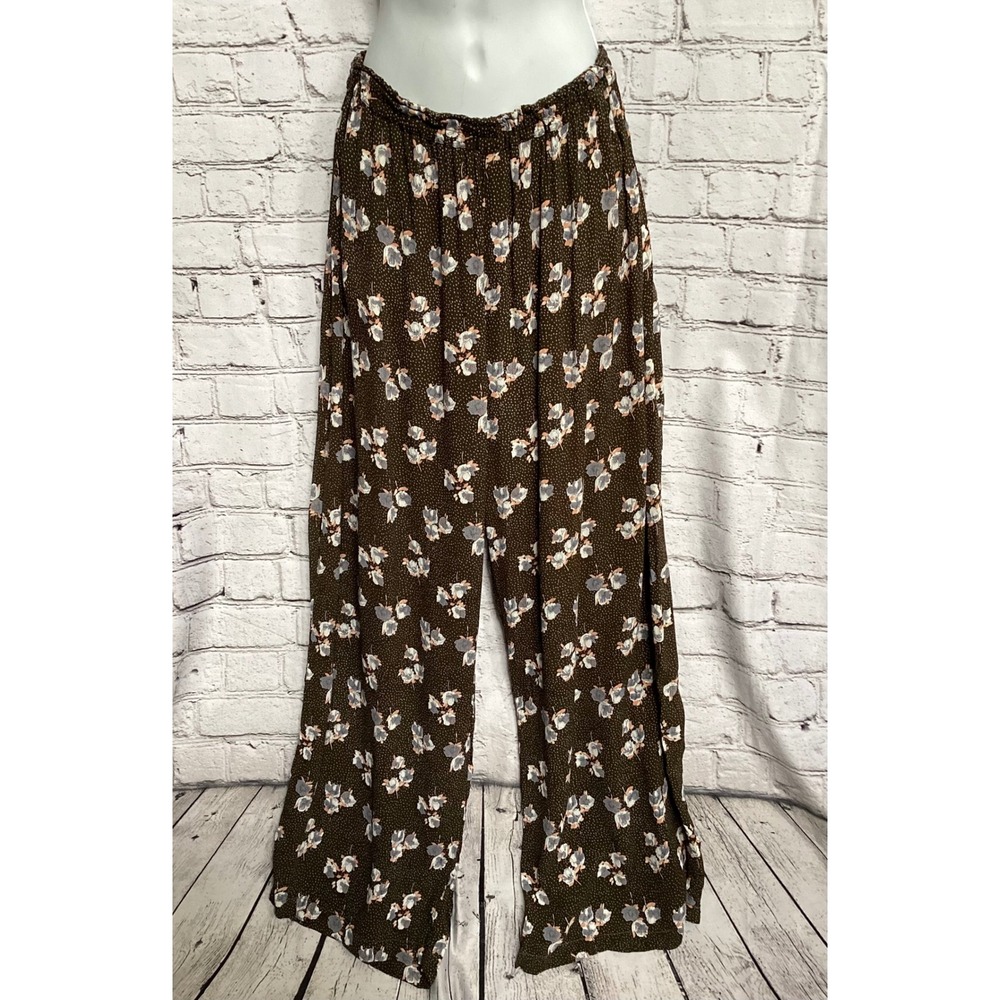 Vintage Free People Floral Polka Dot Wide Leg Pants Brown Rayon Large Boho - Picture 1 of 6